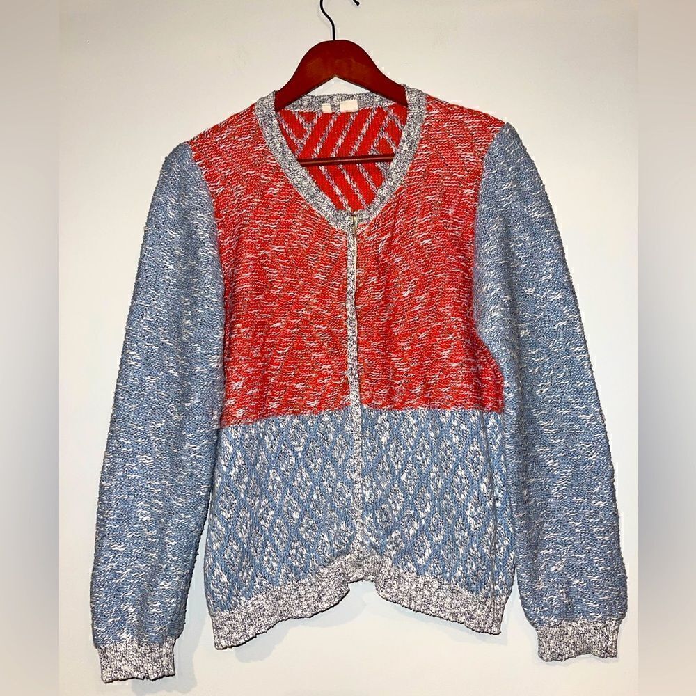 Anthropologie Moth Red Gray Marled Zip sweater Size XL